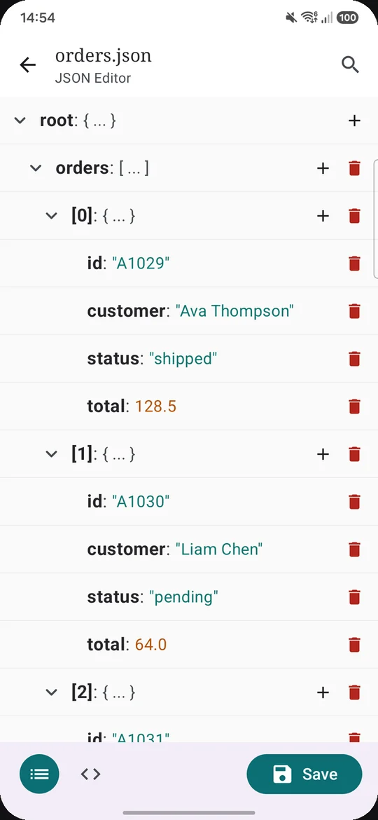 Sonnet's JSON tree view of orders.json: collapsible objects and arrays, keys in bold, strings in teal, numbers in amber, with add and delete buttons on each row.